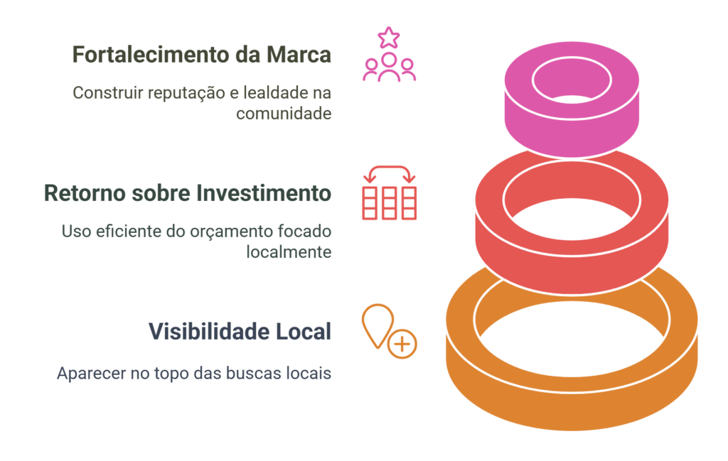 Ilustração dos benefícios do Marketing Digital Local, uma espécie de funil invertido, onde cada etapa representa um dos benefícios Ilustração dos benefícios do Marketing Digital Local, uma espécie de funil invertido, onde cada etapa representa um dos benefícios